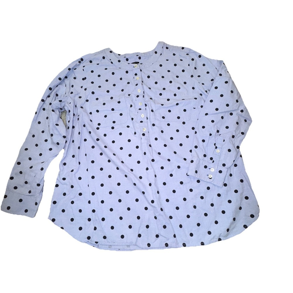 Talbots Women's XL Top Blue Black Polka Dot Half Button Cotton Collarless